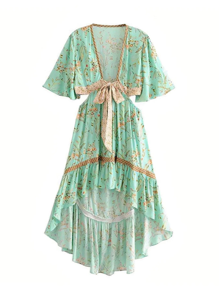 Deep V Neck Floral Print High Low Ruffle Lace Insert Maxi Dress
