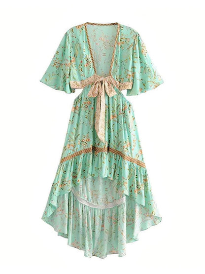 Deep V Neck Floral Print High Low Ruffle Lace Insert Maxi Dress