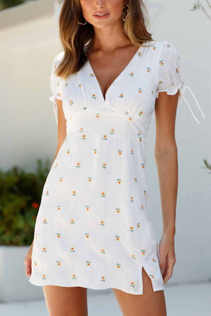 Ditsy Floral Puff Sleeve Tie Cuff Empire Waist Mini Dress