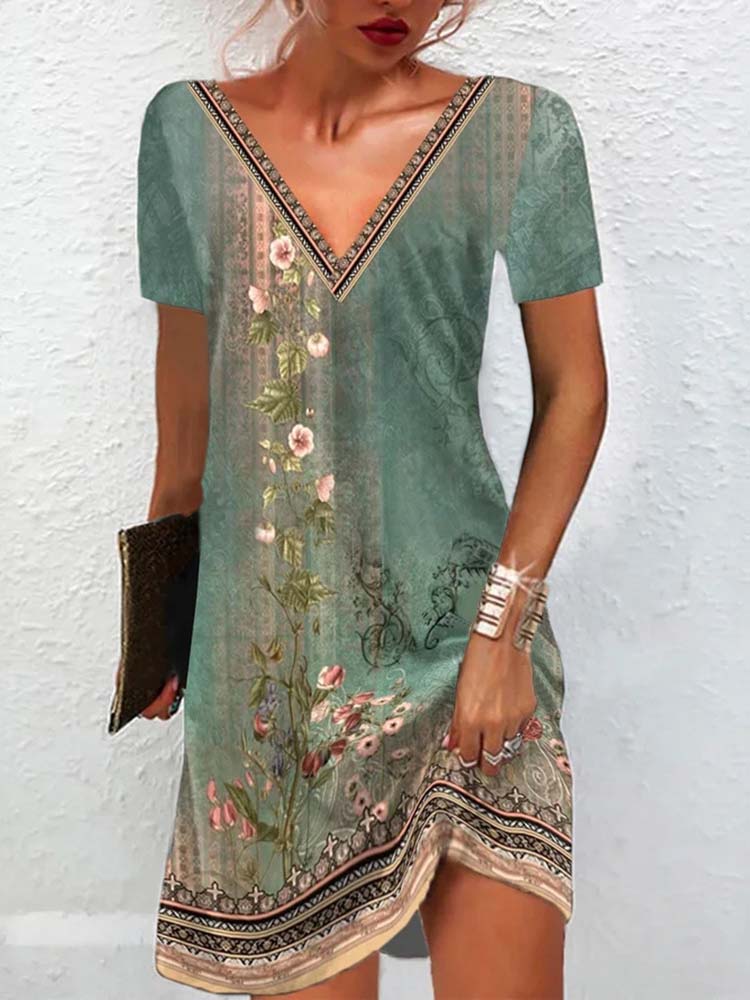 V-Neck Geometric Border Trim Floral Vine Shift Mini Dress