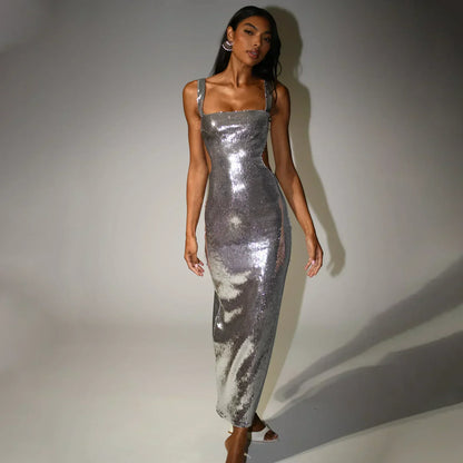 Square Neck Wide Strap Sequin Side Cutout Mermaid Maxi Gown