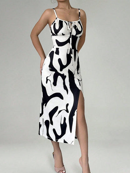 Zebra Print Sexy Vacation-style Slip Dress With Slit Midi Dress