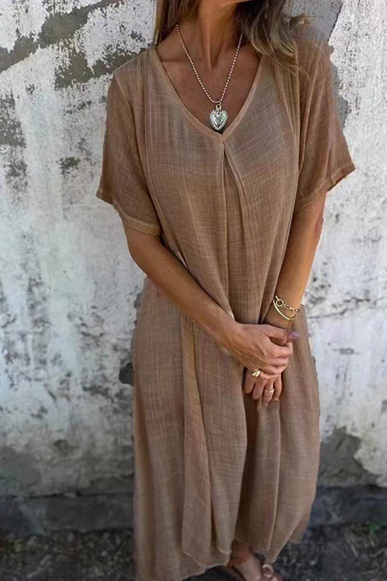 Cotton Solid V Neck Midi Dress
