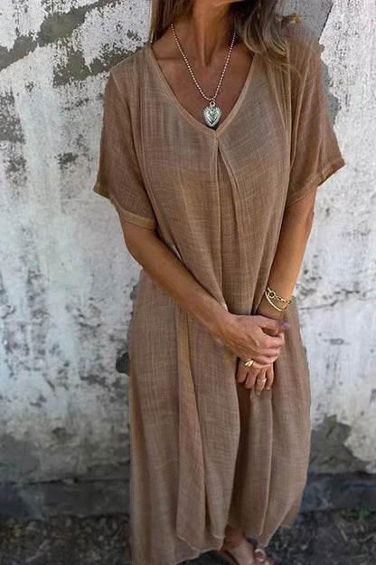 Cotton Solid V Neck Midi Dress