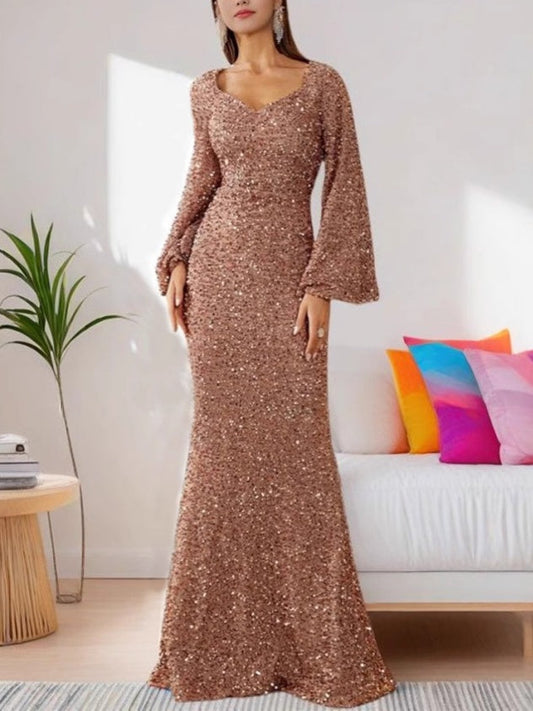 V-neck, Bodycon Sequined Mid-waist, Flared Sleeve Long Dress