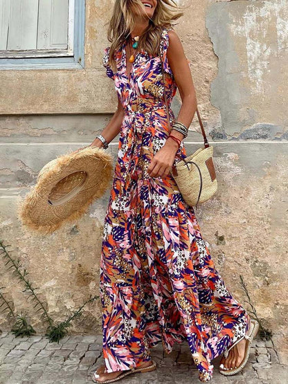Deep V-Neck Flutter Shoulder Tie Waist Tiered Mixed Print Maxi Dress