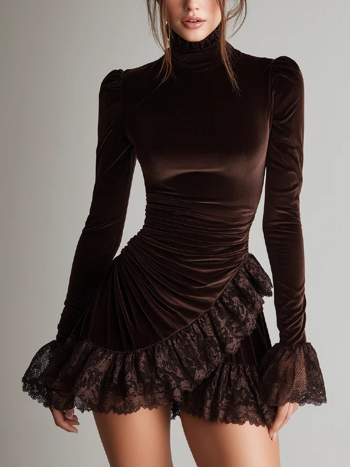 Lace-trimmed Velvet Long-sleeved Stand-collar Short Dress