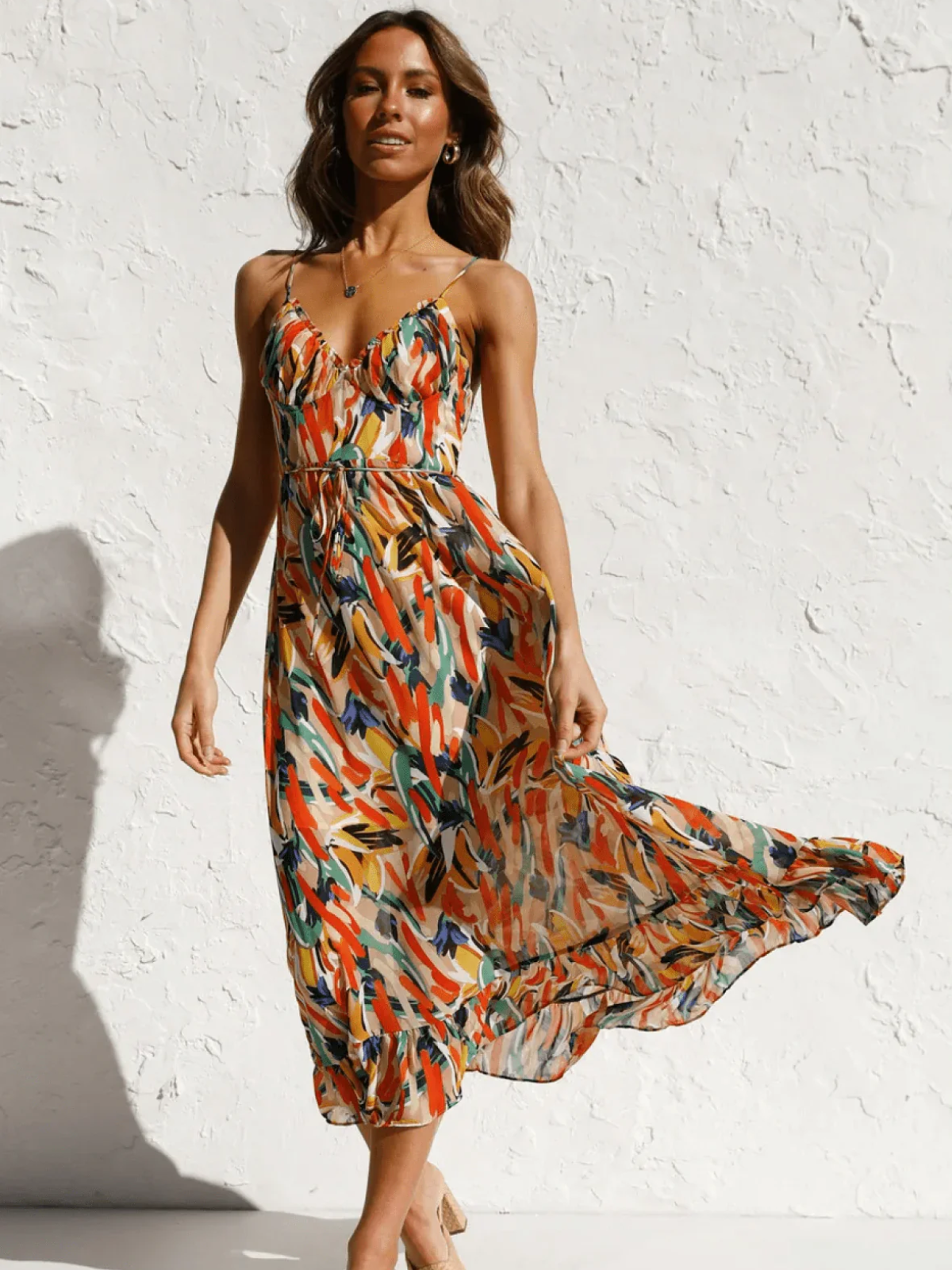 Abstract Brushstroke Print Spaghetti Strap Ruffle Hem Midi Dress