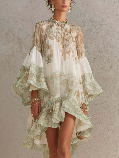 Ruffled, Vacation-style Loose-fitting, Flowy Short Dress