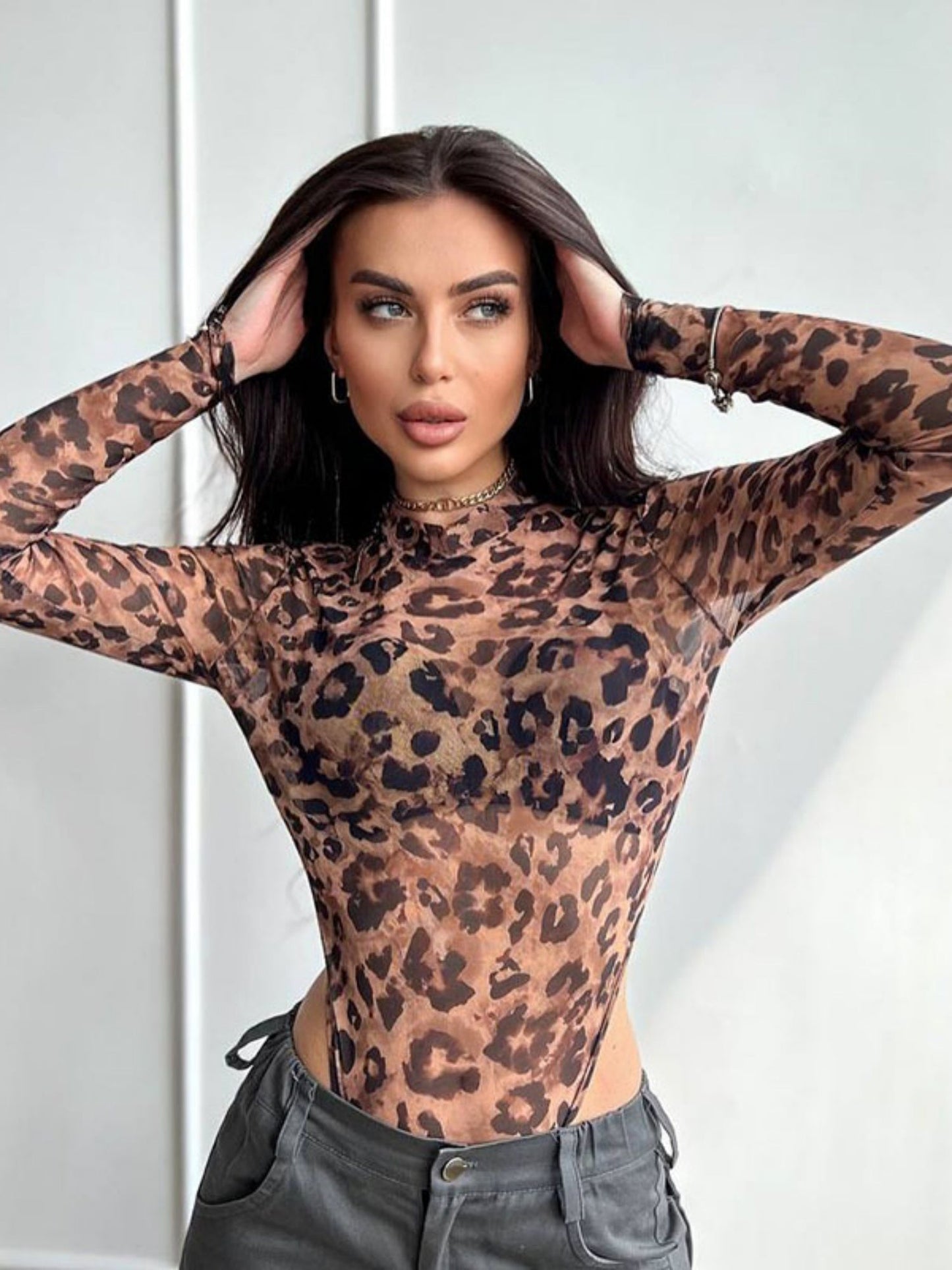 Leopard Print Mesh See-through Long Sleeves Bodysuits