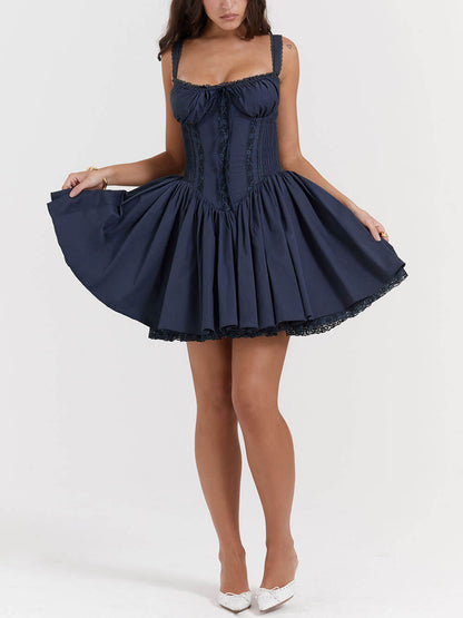 Corset Lace-Up Sweetheart Gathered Flare Mini Dress