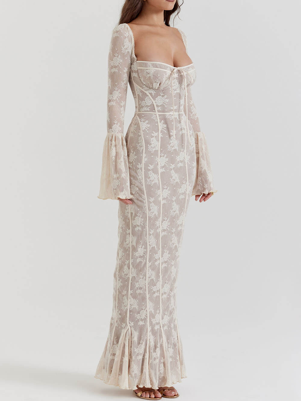 Square Neck Tie Front Bust Long Sleeve Bell Cuff Floral Lace Overlay Mermaid Maxi Dress