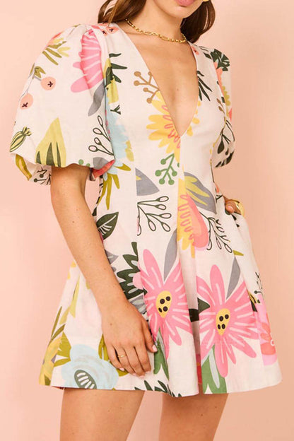 Large Scale Floral Print Deep V-Neck Puff Sleeve Pocket Mini Dress