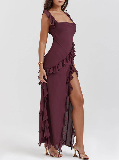 Square Neck Ruffle Strap Cascading Ruffle High Split Maxi Gown