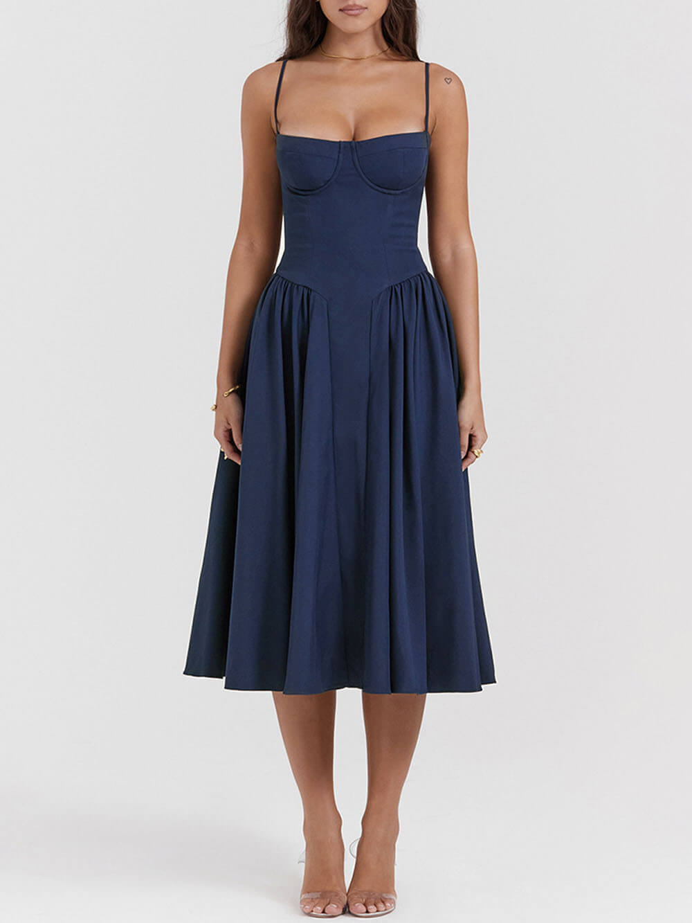 Sweetheart Bustier Spaghetti Strap Dropped Waist Pleated Pocket Midi Dress
