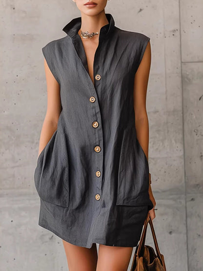 Sleeveless Stand-collar Shirt Dress With Pockets, Vacation Style Short Dress