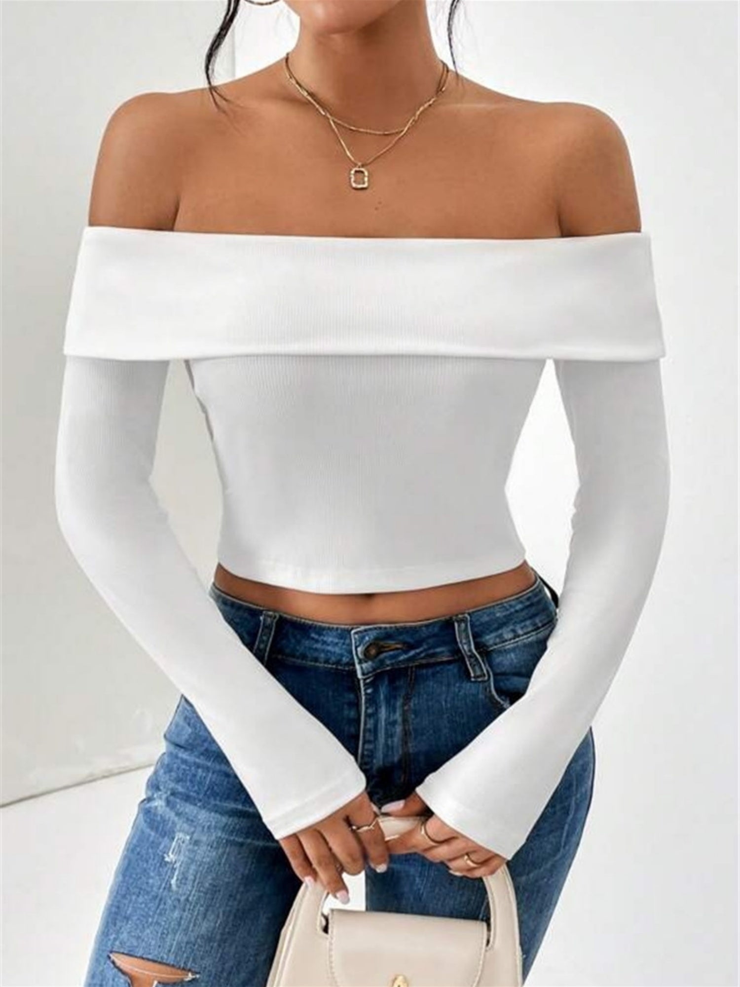 Off-shoulder Slim Fit Short Long-sleeved T-shirt