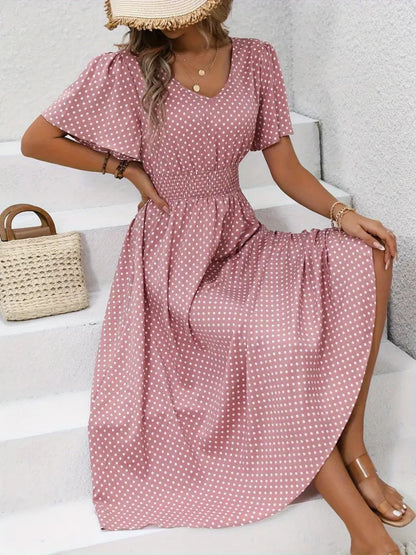 Polka Dots V-neck Waist Shaping Short Sleeves Maxi Dresses