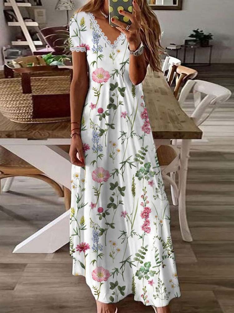 Floral Print Lace Trim V-Neck Cap Sleeve Maxi Dress