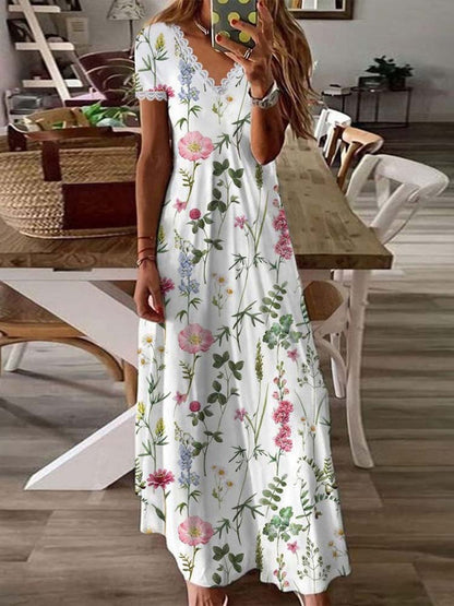 Floral Print Lace Trim V-Neck Cap Sleeve Maxi Dress