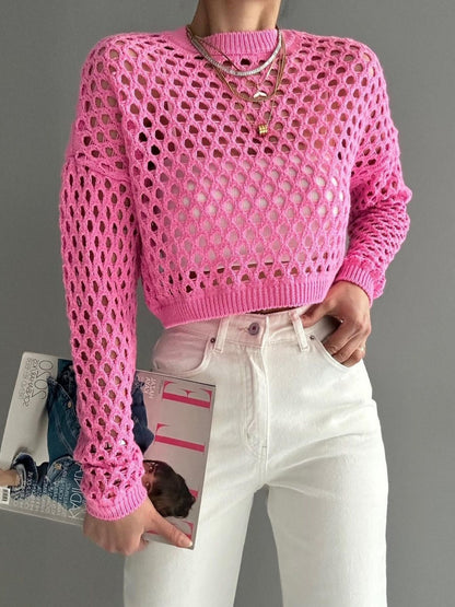 Hollow Out Round Neck With Bell Sleeves Knitted Cover-up