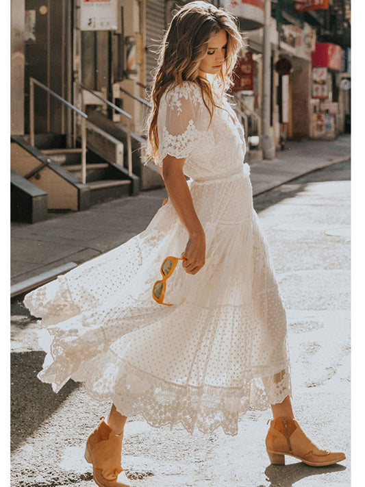 V-neck Short Sleeve Lace Gauze Solid Color Maxi Dresses