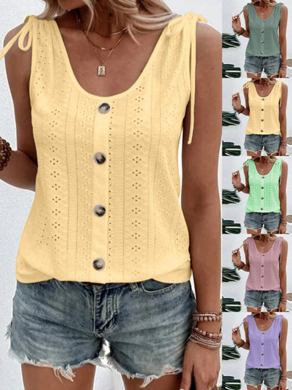 Jacquard Hollow Out Straps Buttons U-neck Vest