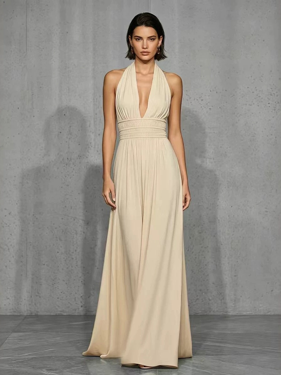 Off-shoulder And Backless Solid Color Halter Neck Long Dress