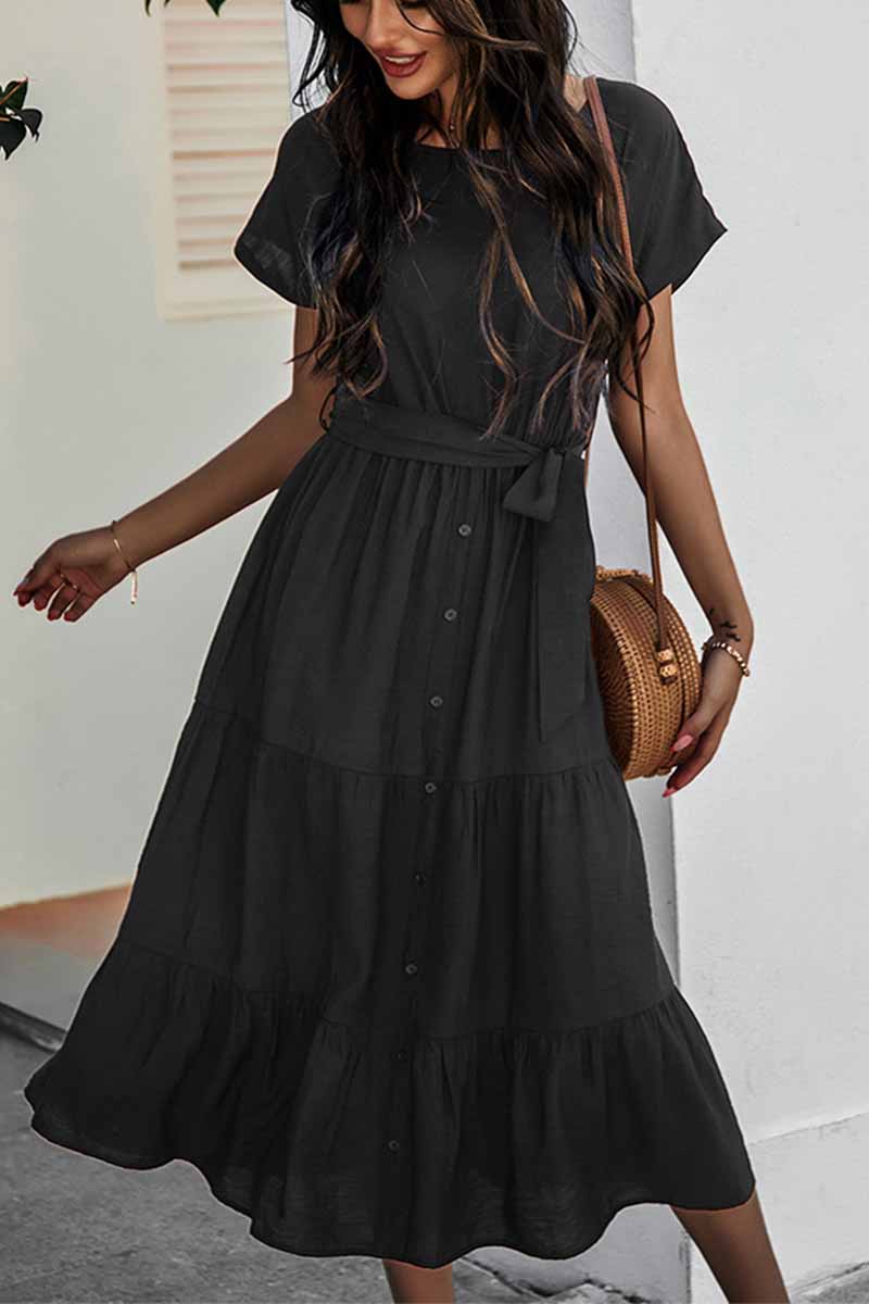Button-Front Tie-Waist Tiered Short Sleeve Midi Shirt Dress