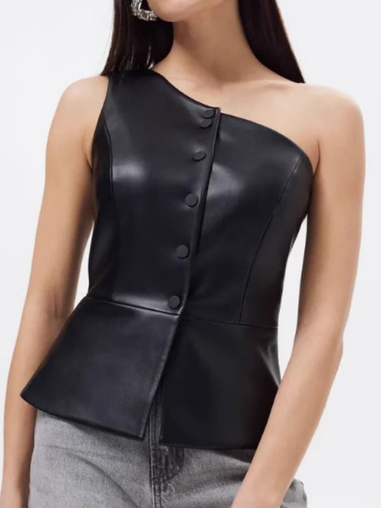 PU Leather Sleeveless, Off-shoulder, One-shoulder Single-breasted Cropped Vest