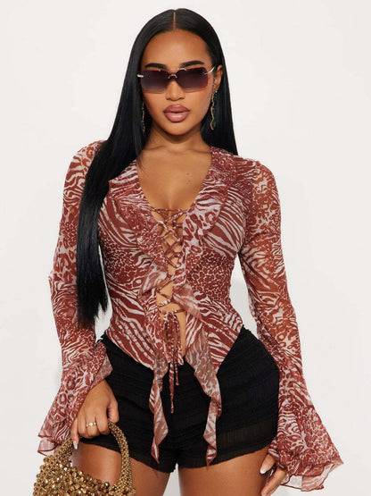 Leopard Print Ruffle Straps T-shirts