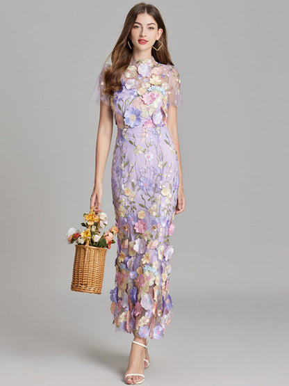 Embroidered 3D Floral Fitted Waist Short-sleeved Long Dress