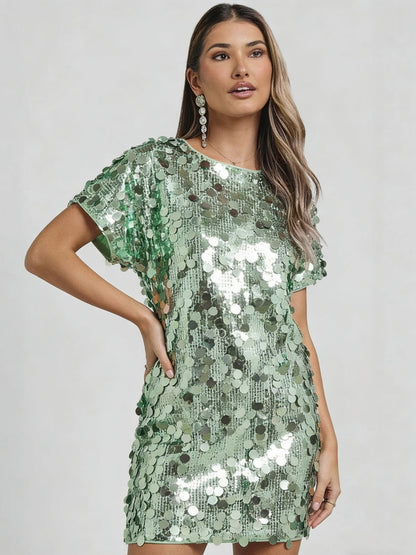 Sequins Crew Neck Short Sleeve Mini&Short Dresses