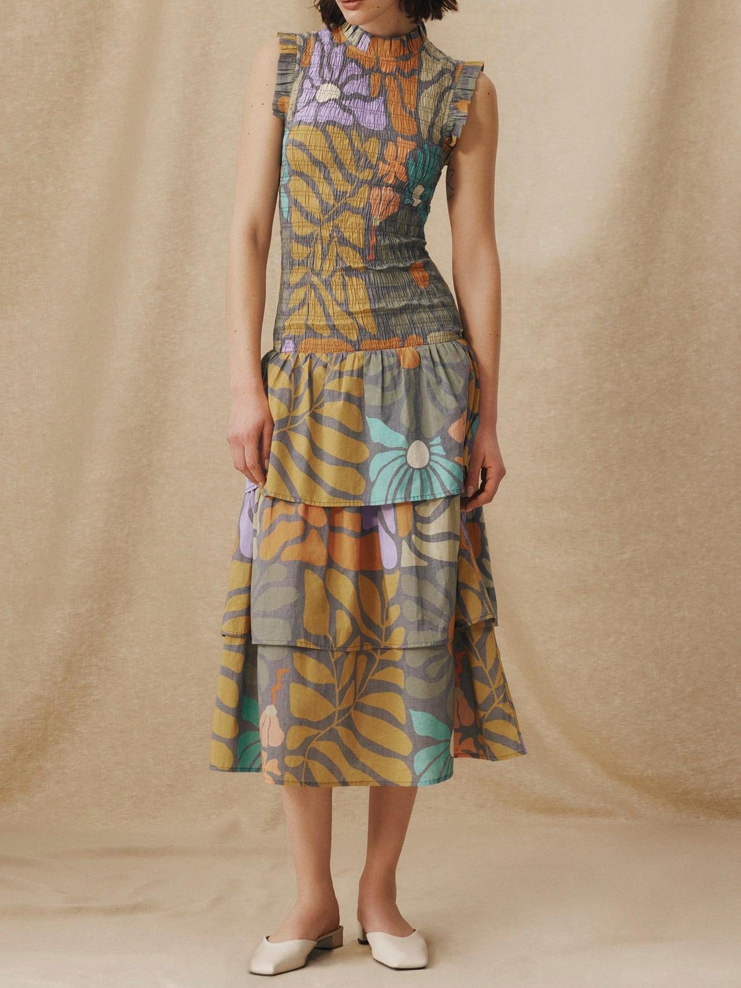 Mock Neck Smocked Bodice Sleeveless Botanical Print Tiered Midi Dress