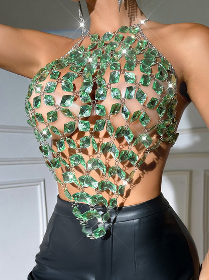 Diamond-studded Openwork Chain Splicing Halter Neck And Backless Tank Tops&Camis