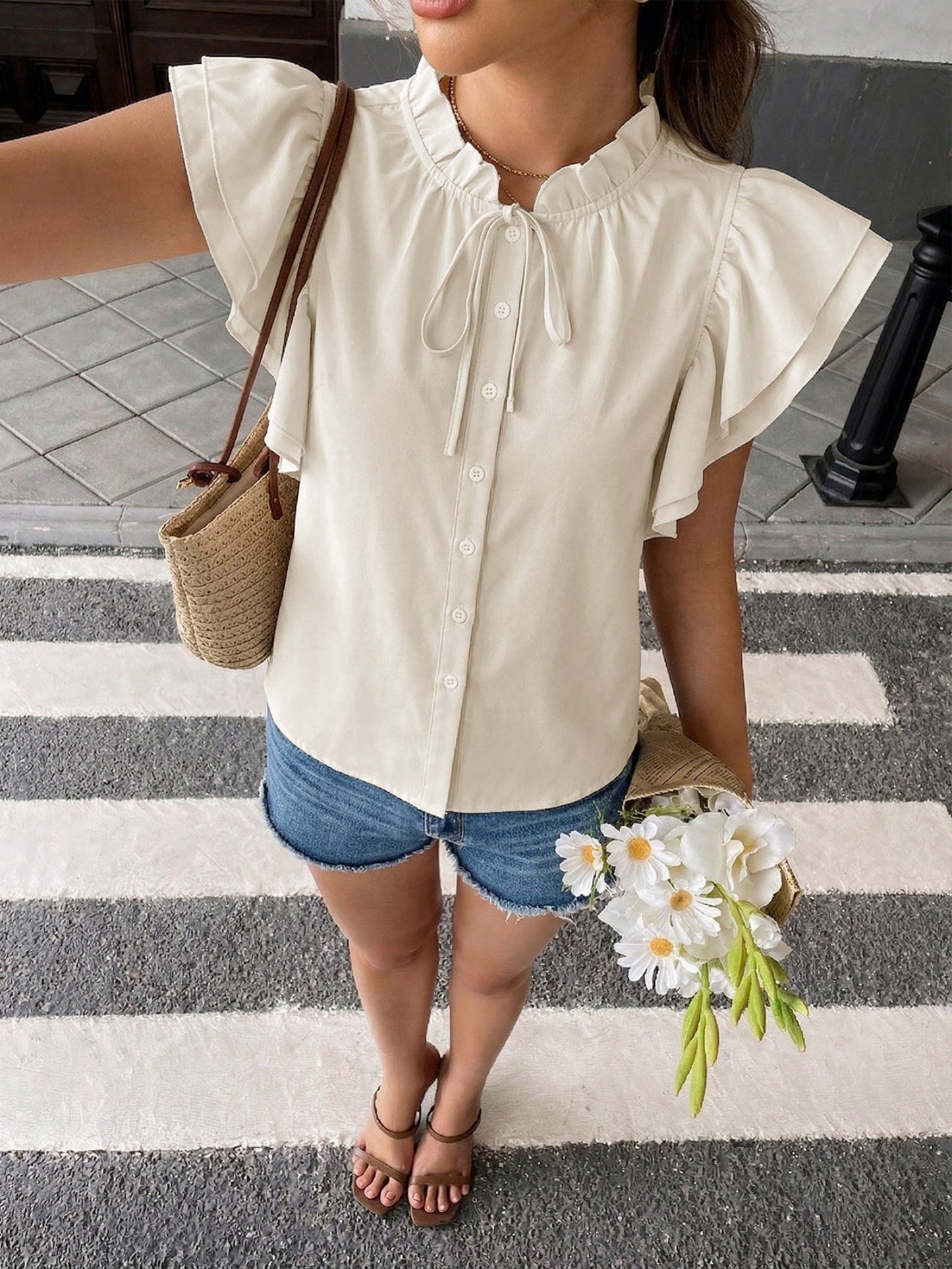 Lotus Leaf Sleeves Lace Up Buttons Stand Collar T-shirts