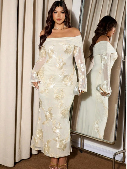 Long-sleeved, Fitted, Off-shoulder, Pleated Floral Jacquard Mesh Maxi Dress