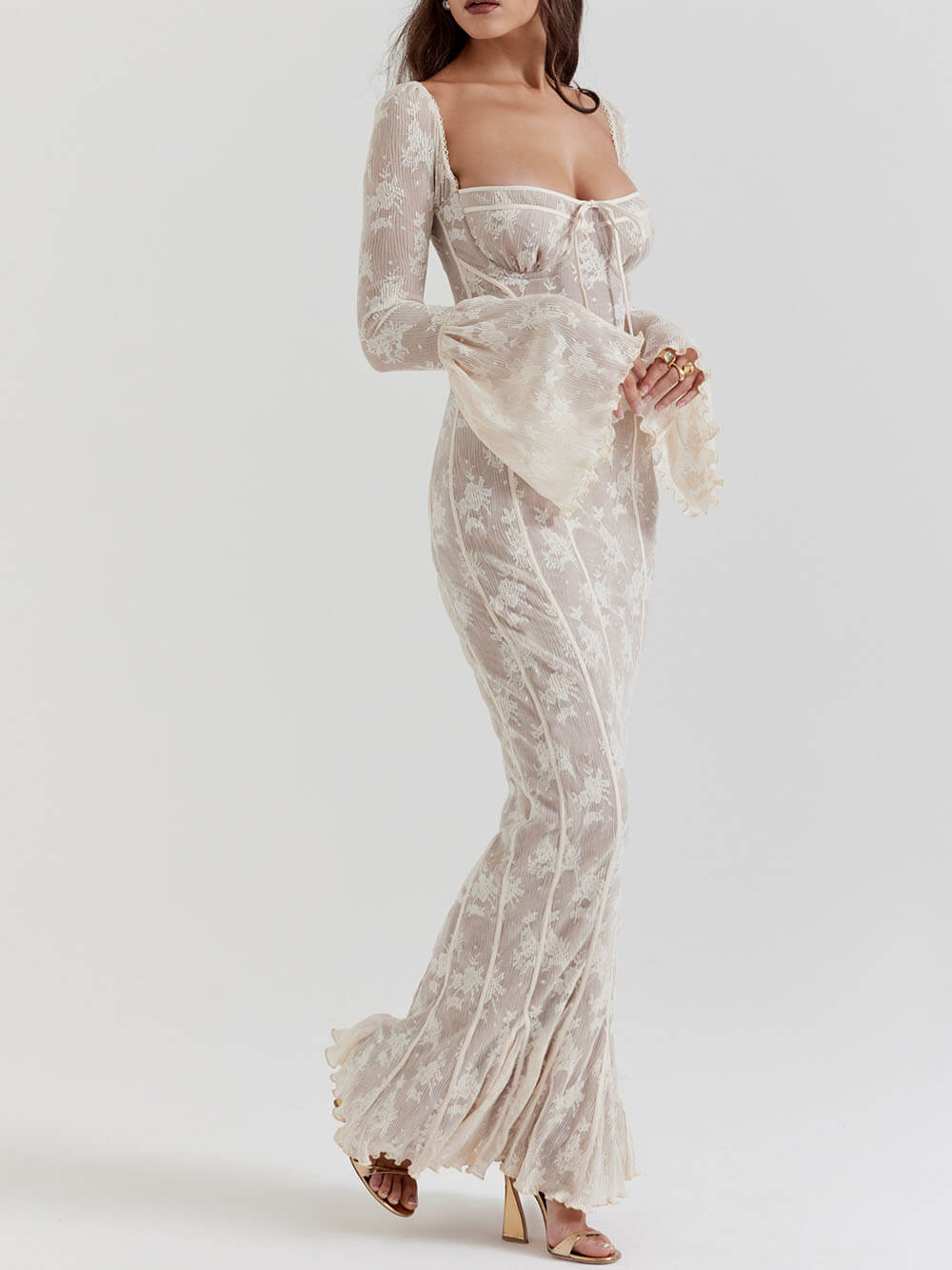 Square Neck Tie Front Bust Long Sleeve Bell Cuff Floral Lace Overlay Mermaid Maxi Dress