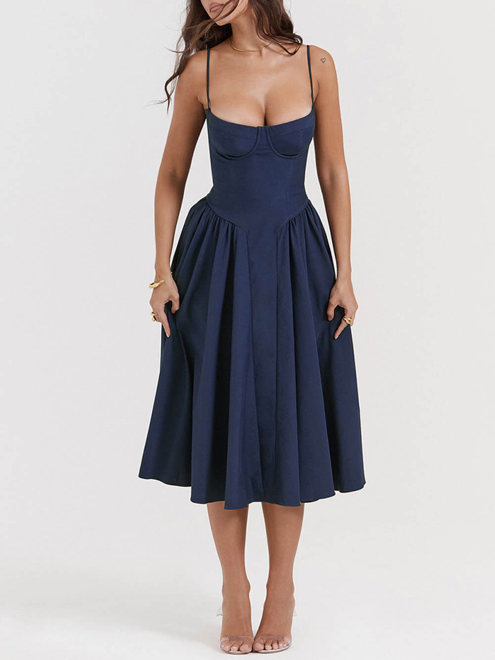 Sweetheart Bustier Spaghetti Strap Dropped Waist Pleated Pocket Midi Dress