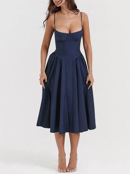 Sweetheart Bustier Spaghetti Strap Dropped Waist Pleated Pocket Midi Dress