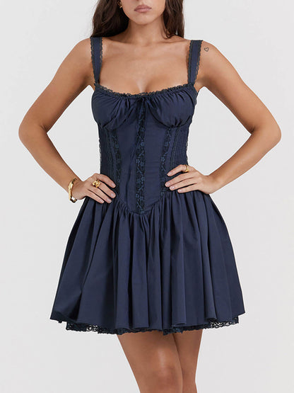 Corset Lace-Up Sweetheart Gathered Flare Mini Dress