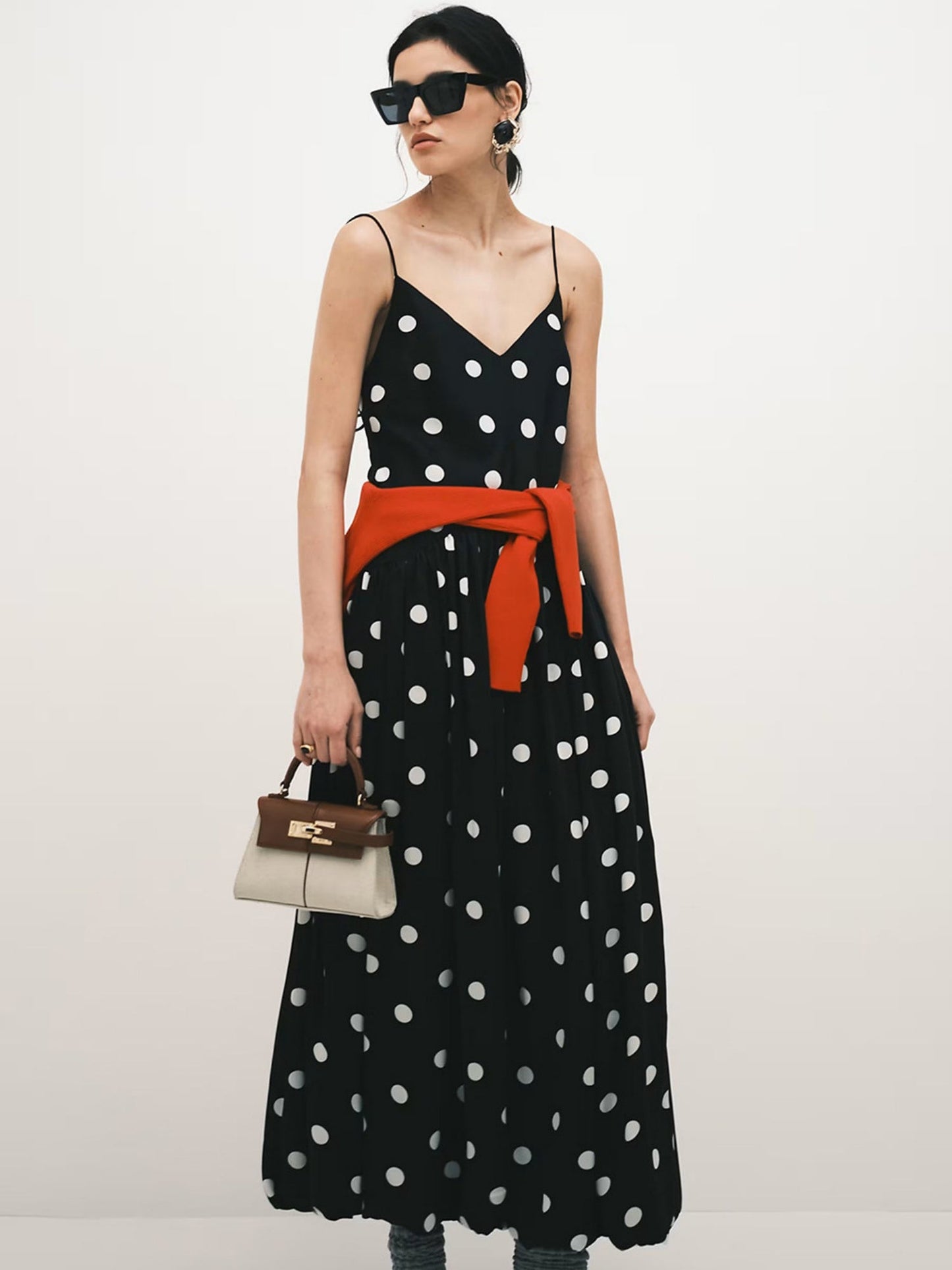 Polka Dots V-neck Suspenders Backless Large Skirt No Belt Maxi Dresses