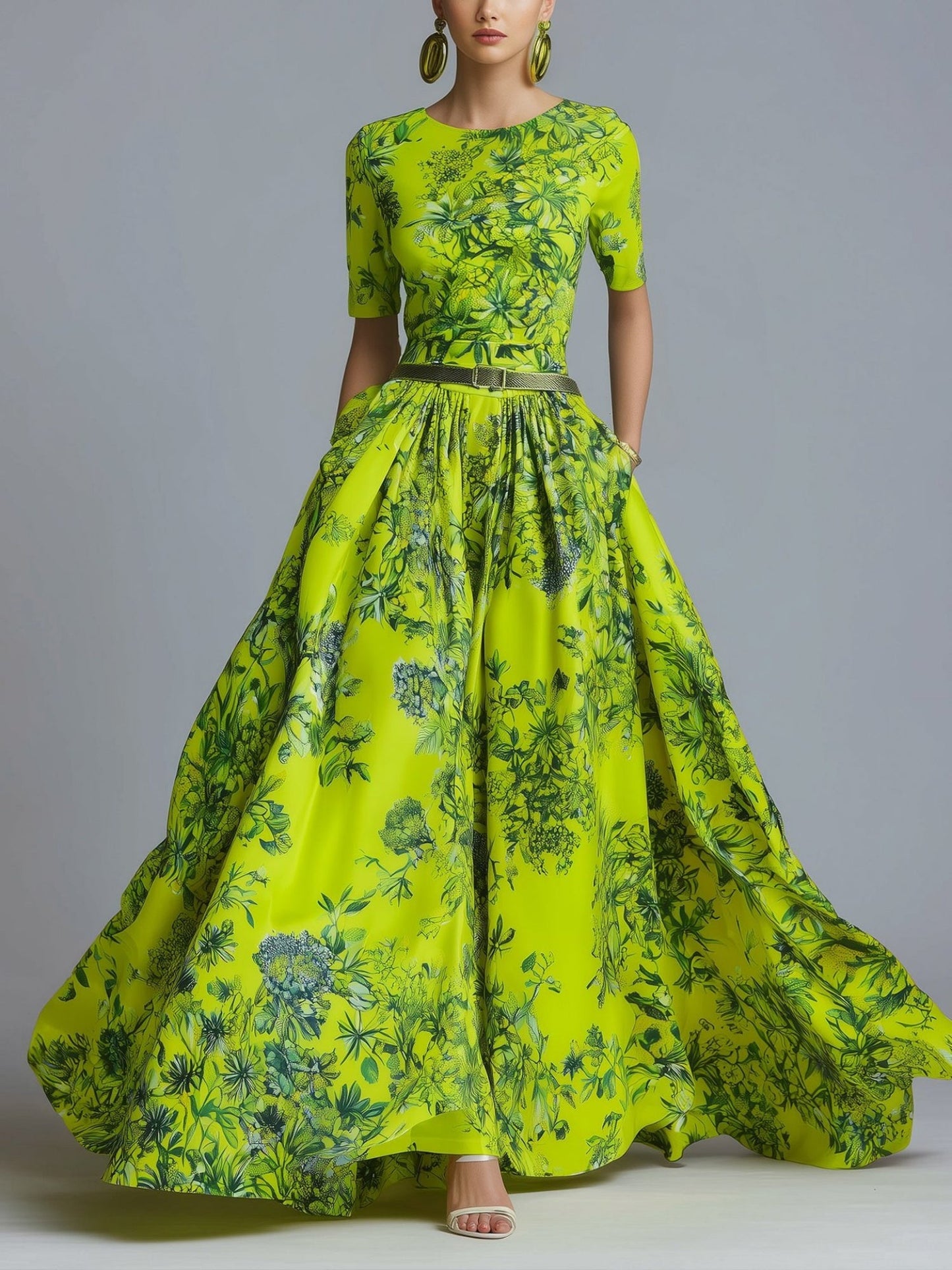 Printed Crew Neck Short Sleeve Zipper Maxi Dresses