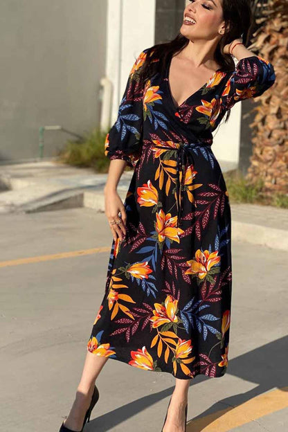 Floral Print Wrap Tie Waist Three Quarter Puff Sleeve Midi Dress