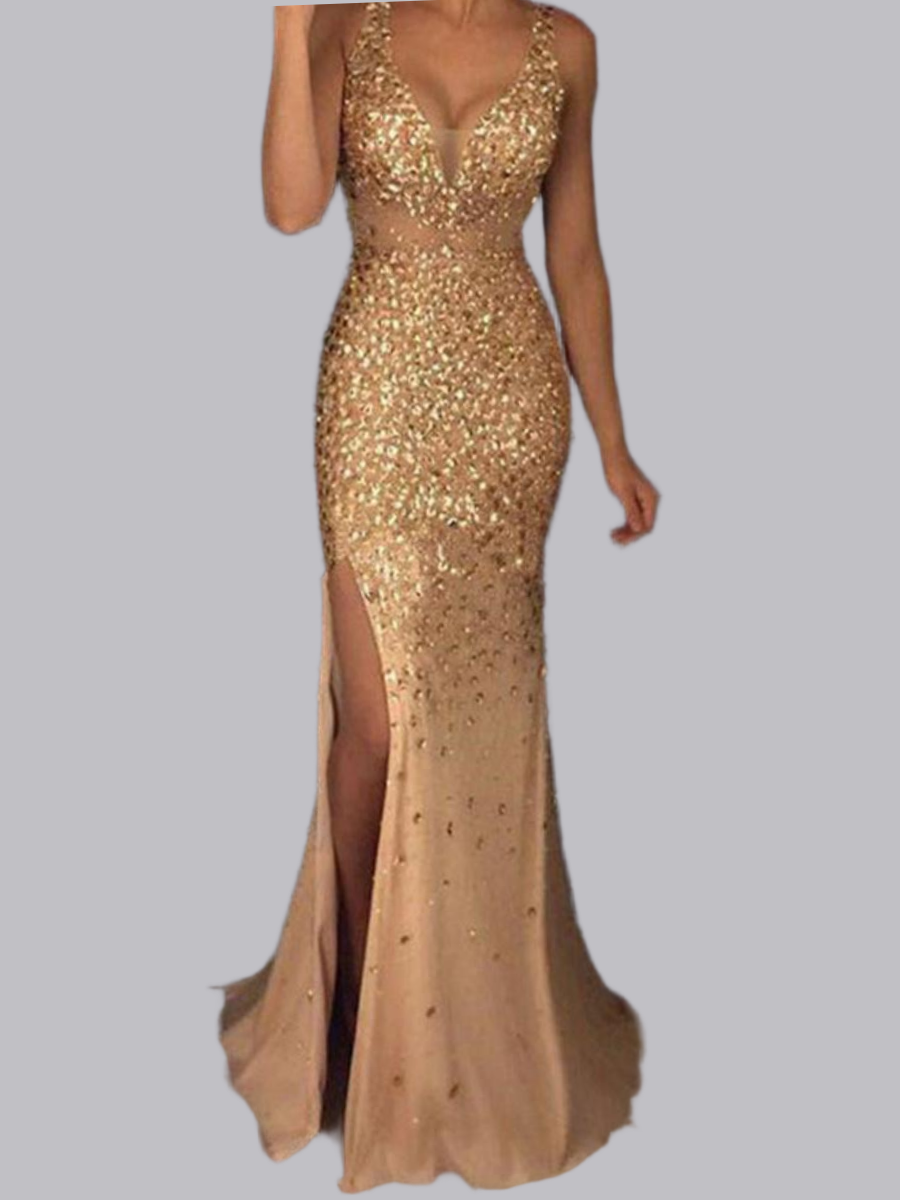 V-neck Slit Sprinkled Gold Formal Dress Maxi Dresses