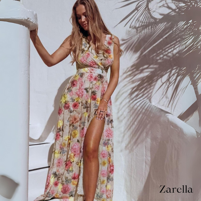 Tropical Floral Print V-Neck Tie-Waist High-Slit Maxi Dress