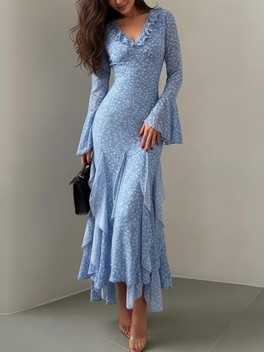 V-neck Ruffle Floral Print Irregular Hem Vacation Midi Dresses