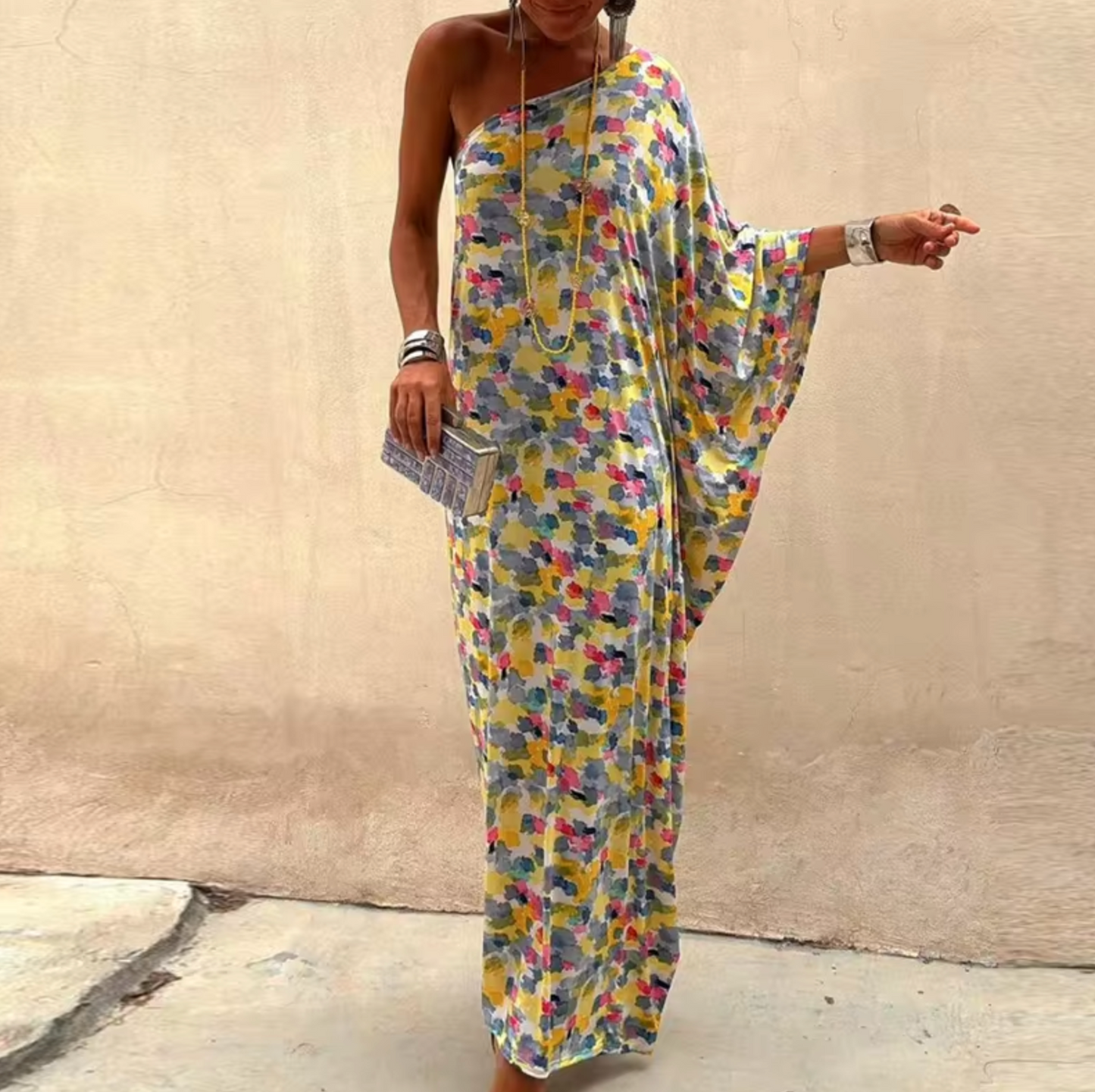 Abstract Painterly Print One-Shoulder Batwing Sleeve Oversized Maxi Dress