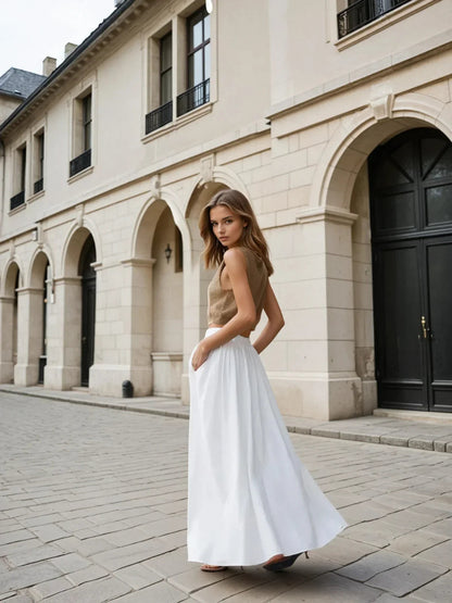 High Waist Casual All-matching Linen Pleated Maxi Skirt