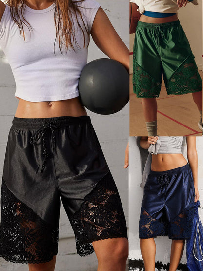 Lace Patchwork Lace Up Loose-fit Athletic Shorts